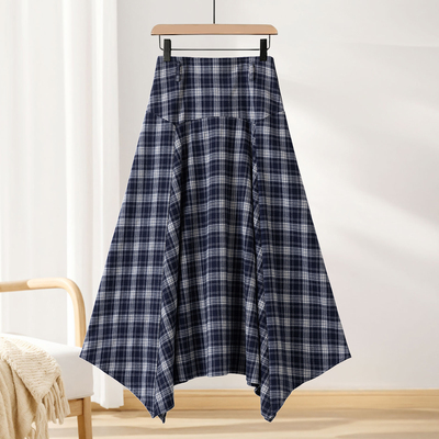 毛呢格子高腰显瘦不规则半身裙女