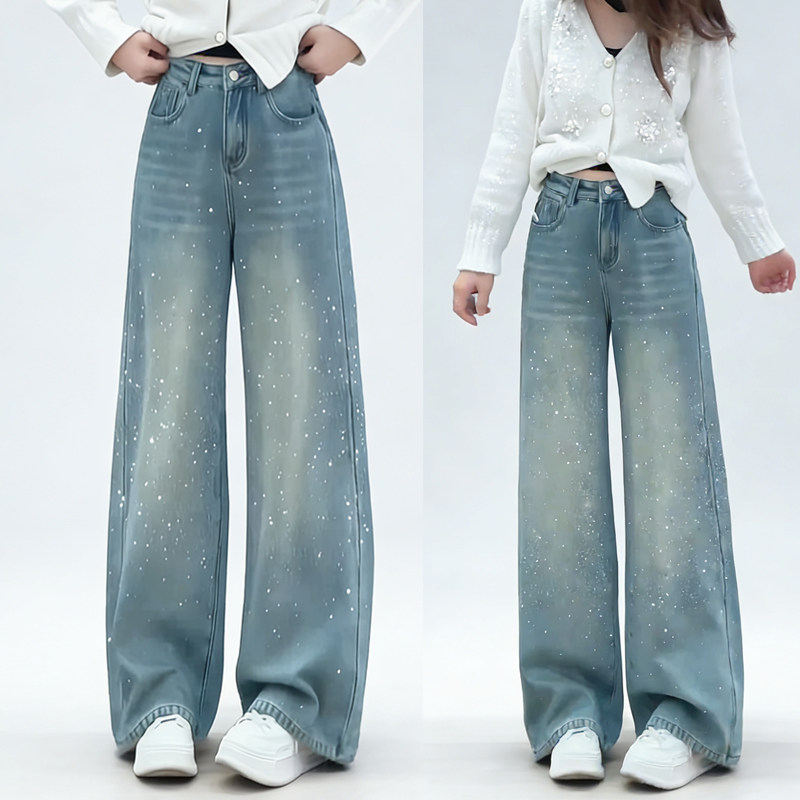 爆款浅蓝色满天星烫钻牛仔裤女2025年秋冬新款高腰加绒显瘦阔腿裤,女装/女士精品,牛仔裤,淘宝优惠券,粉丝福利购,淘宝优惠卷
