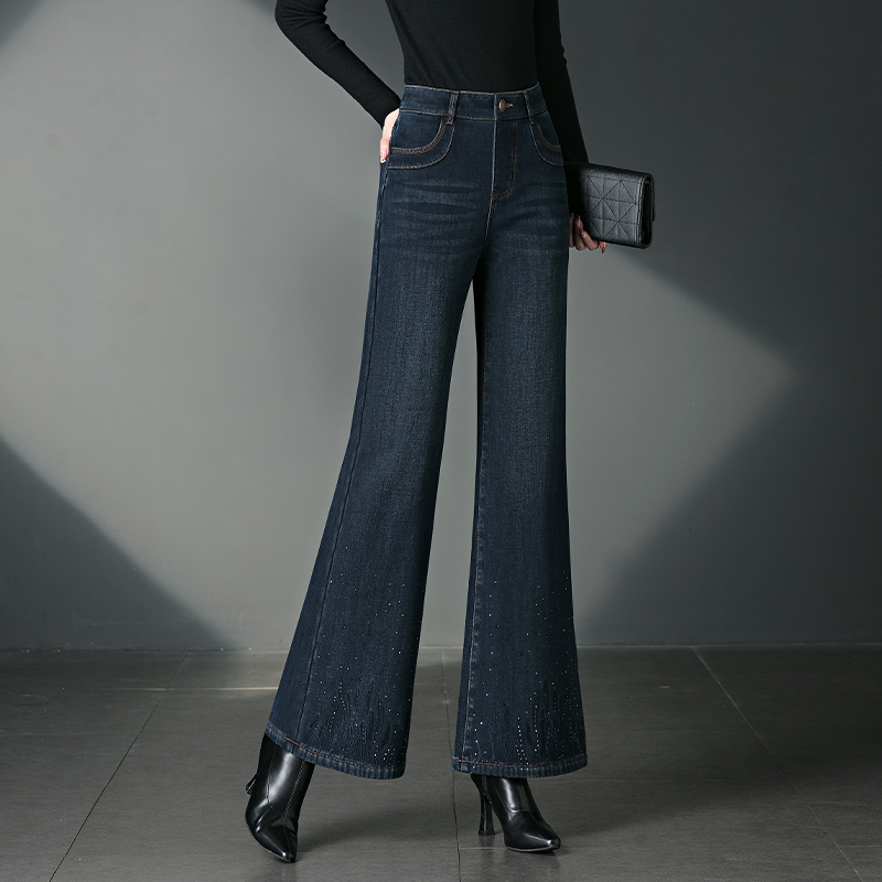 深蓝色加绒保暖牛仔裤女2025年冬季新款百搭潮流烫钻刺绣喇叭长裤,女装/女士精品,牛仔裤,淘宝优惠券,粉丝福利购,淘宝优惠卷
