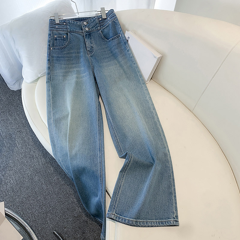 浅蓝色复古做旧牛仔阔腿裤女2025秋季新款高腰显瘦休闲窄版直筒裤,女装/女士精品,牛仔裤,淘宝优惠券,粉丝福利购,淘宝优惠卷