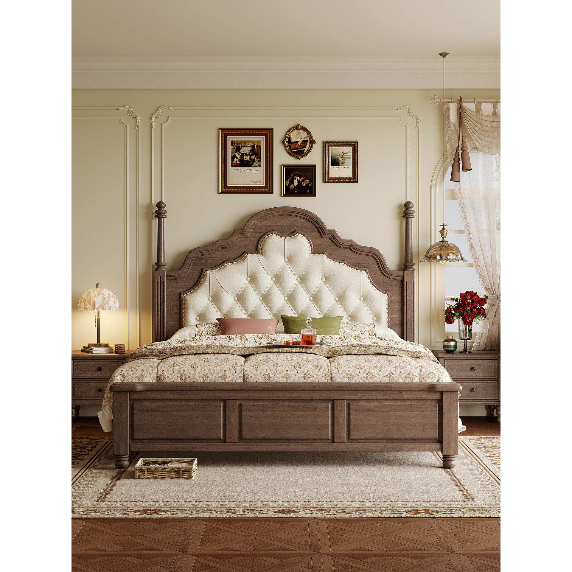 中古风核桃木实木床全榫卯法式轻奢主卧1米8双人床真皮软包婚床