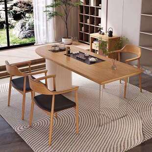 阳台茶桌椅组合家用轻奢茶台奶油风实木原木亚克力茶桌一体一整套