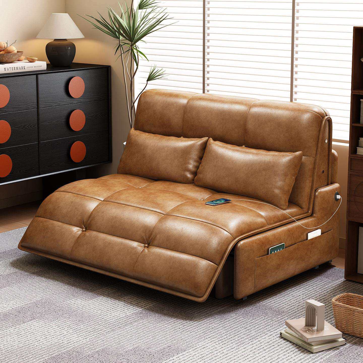 复古油蜡皮中古风沙发床电动伸缩智能遥控一体两用高端储物沙发床