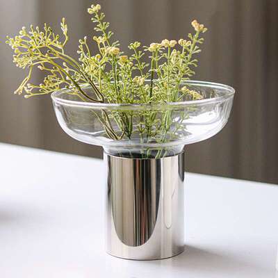 北欧轻奢漏斗金属花器透明玻璃花瓶家居酒店插花样板间装饰品摆件