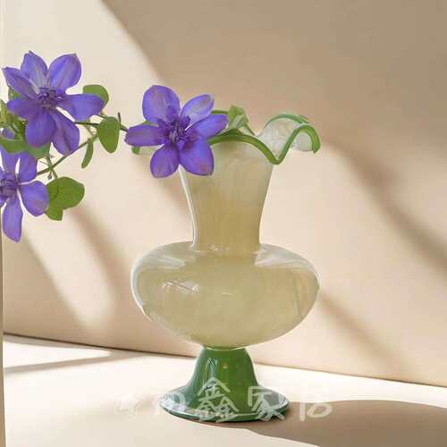 现代花瓶简约中古奶油复古玻璃插花器摆件客厅家居