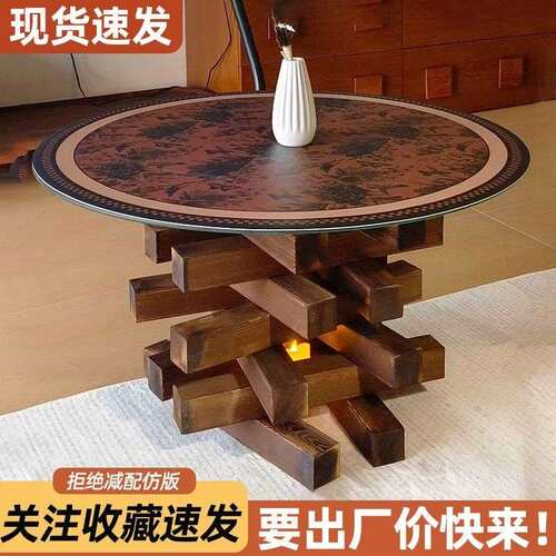 茶几圆形复古实木小户型钢化玻璃家用客厅现代简约茶桌轻奢