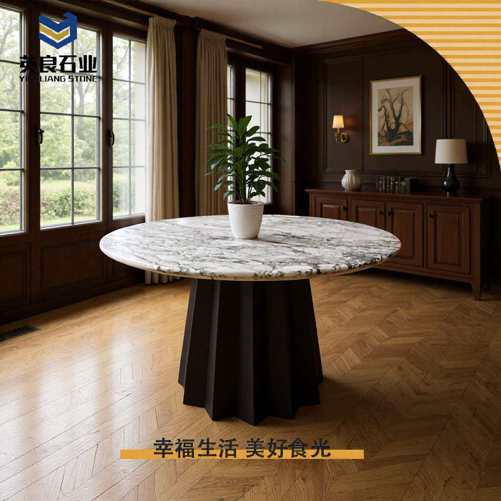 翠影绿大理石餐桌组合小户型家用复古现代轻奢石简约圆形餐圆桌