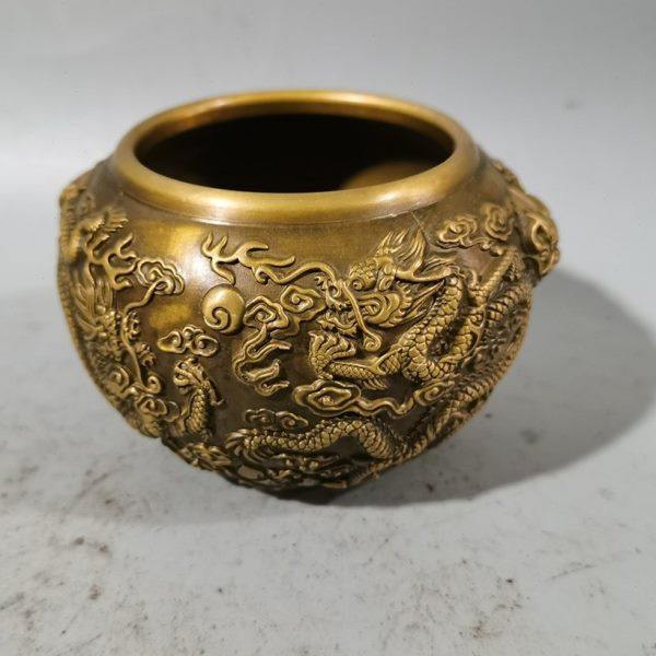 古玩铜器收藏黄铜浮雕双龙戏珠铜缸包浆润泽家居茶道工艺摆件,家居饰品,装饰摆件,淘宝优惠券,粉丝福利购,淘宝优惠卷