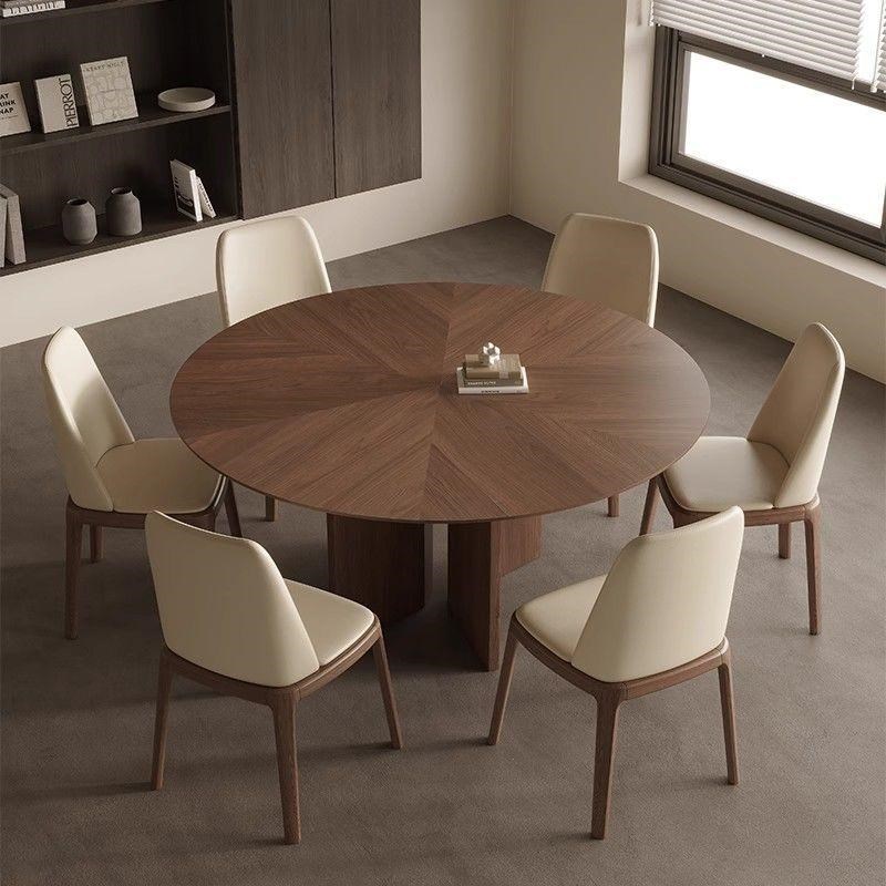 复古实木圆桌家用小户型圆形饭桌黑胡桃木拼O花带转盘圆餐桌椅组