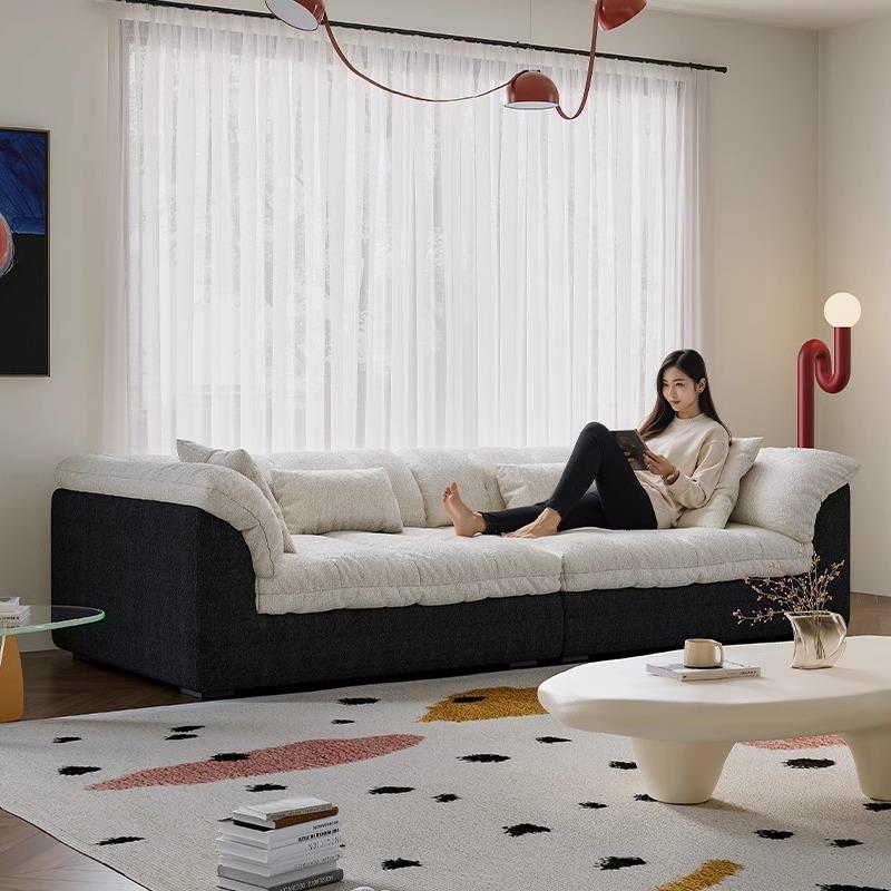 允馨法式慵懒风布艺沙发拼色山茶花雪花直排沙发小户型可拆洗沙发