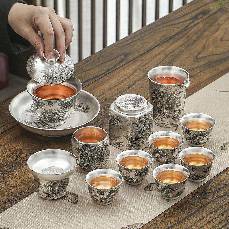 轻奢高档鎏银茶具套装银上作画龙凤茶杯子盖碗套组养生茶杯整套组