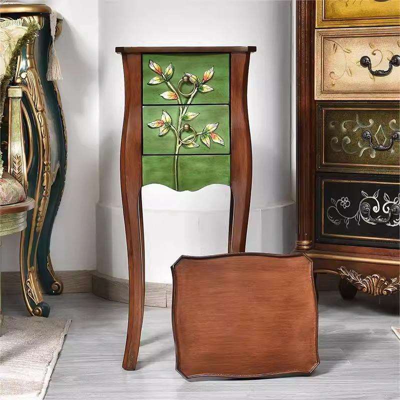 美式乡村实木休闲角几欧式彩绘客厅边几沙发边柜电话机收纳小茶几