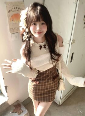甜美蝴蝶结针织拼接格子露肩连衣裙女早秋学院风高腰显瘦包臀短裙