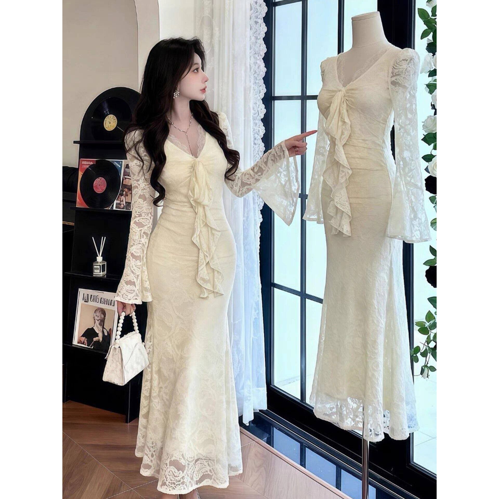 紫色V领连衣裙女秋季紧身显身材长裙名媛风性感包臀鱼尾裙子