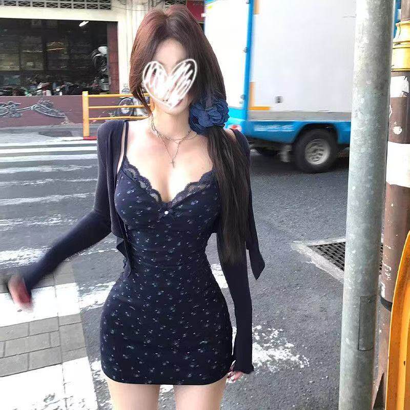郊外花影碎花吊带连衣裙女夏季辣妹套装掐腰小裙子性感穿搭包臀裙