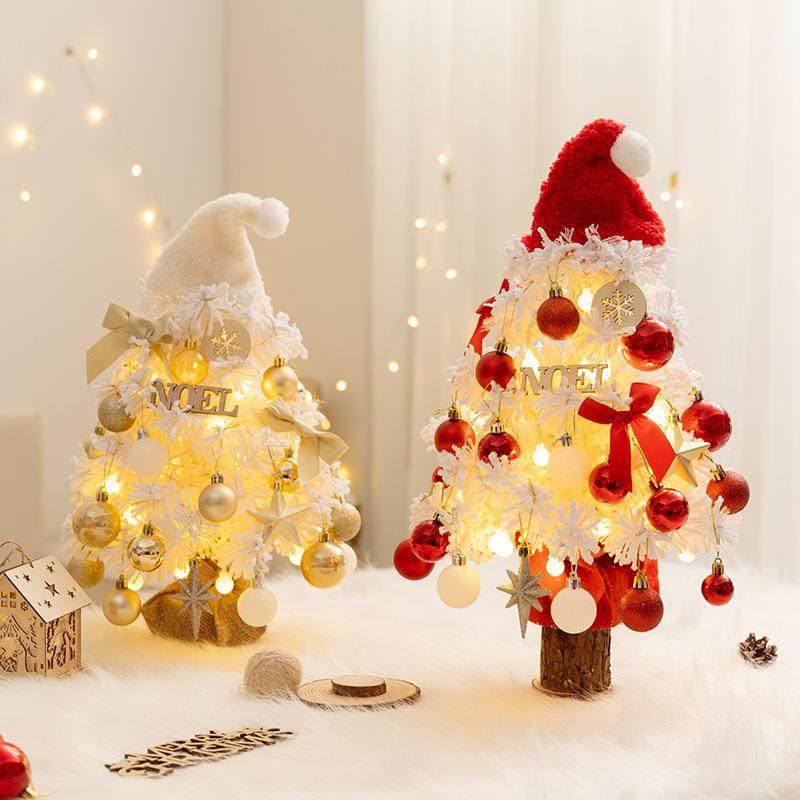 跨境新品圣诞节装饰品 植绒白色迷你圣诞树套餐LED桌面圣诞树摆件