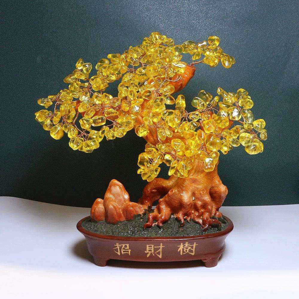 天然黄紫水晶招财树发财树招財金盆摆件酒柜装饰品家居客厅摇钱树