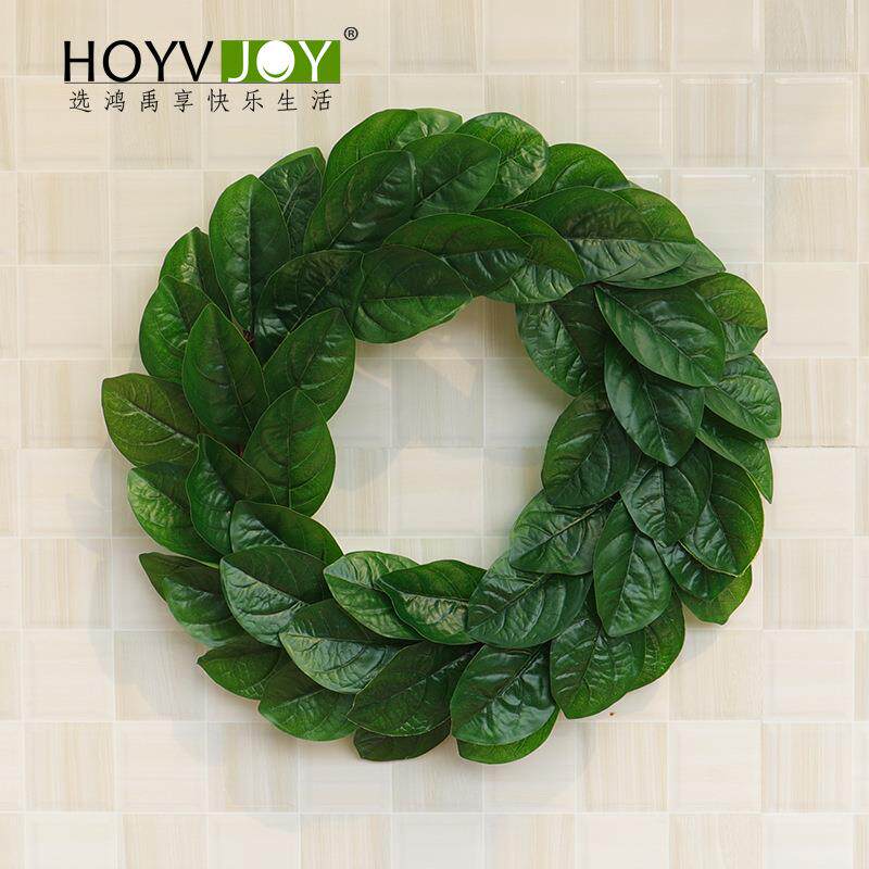 鸿禹 新款玉兰叶春色花环 感恩节圣诞节春季绿色花圈家居橱窗装饰