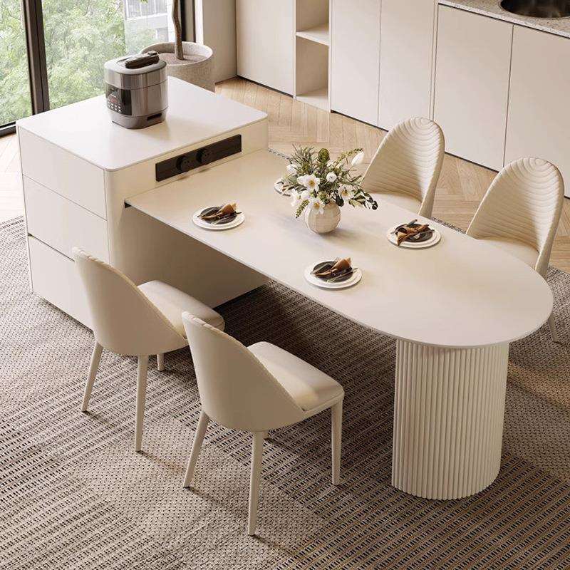 岛台餐桌一体家用可伸缩现代简约岩板饭桌厨房中岛台圆弧形小户型