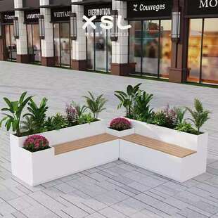 户外不锈钢花箱座椅坐凳一体广场商业街铁艺种植箱休息凳景观花池