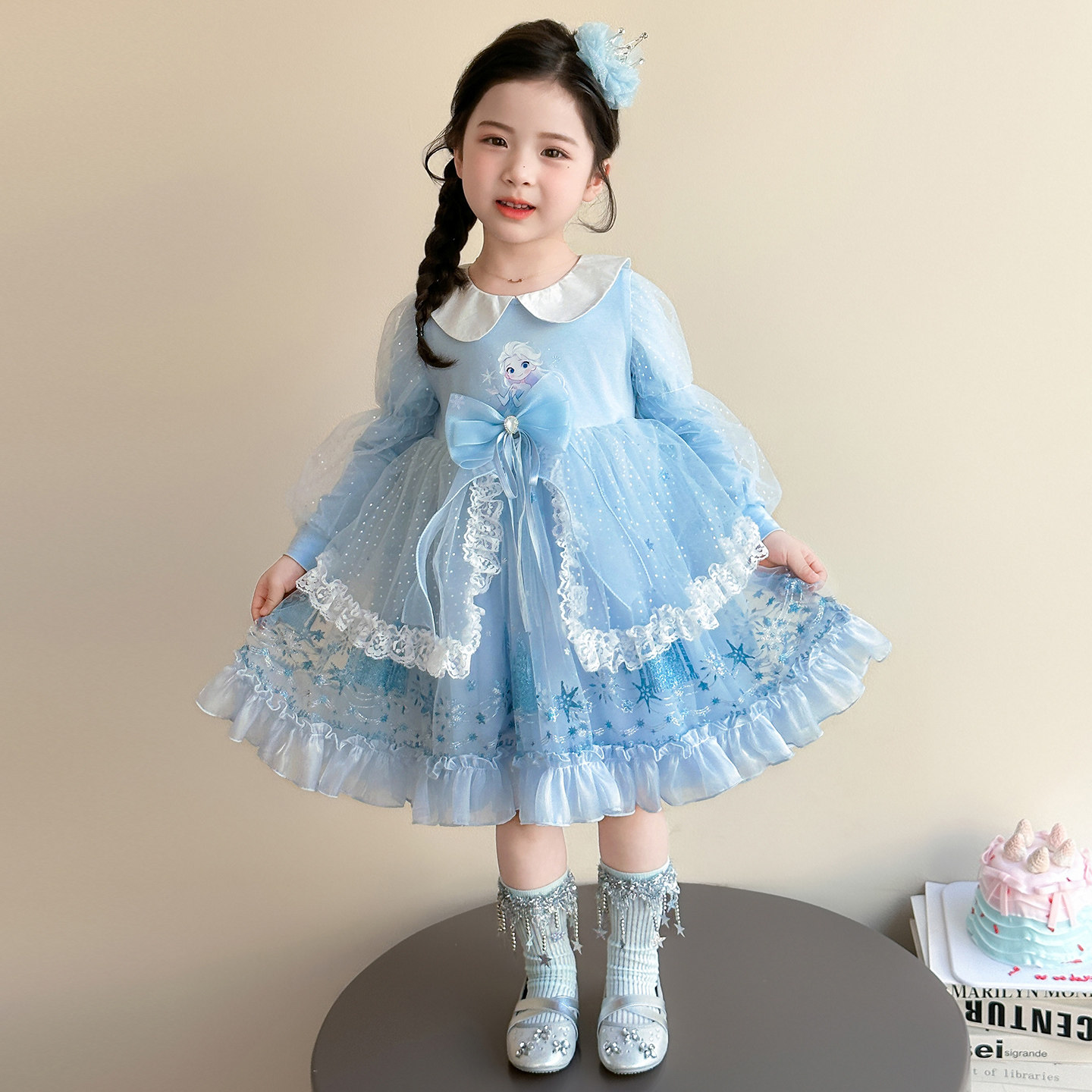 女童艾莎公主连衣裙网纱娃娃领长袖生日礼服裙女孩短袖洋气蓬蓬裙