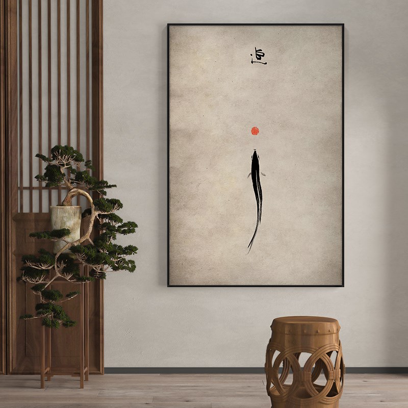 水墨游鱼新中式客厅装饰画中古侘寄风玄关茶室挂画酒店民宿壁画框图片