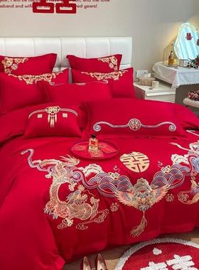 高挡中式龙凤刺绣结婚四件套大红色床单被套喜被婚庆嫁娶床上用品