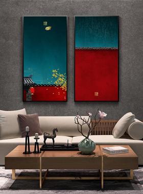 新中式客厅装饰画红色中国风样板间书房油画大气禅意玄关故宫墙画