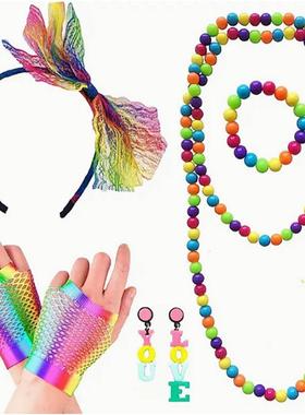 新款80s派对服装配饰紫色蝴蝶结蕾丝发箍彩色耳环渔网手套套装