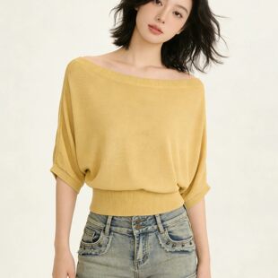 法式气质黄色一字肩蝙蝠袖针织衫女夏季御姐风修身收腰短袖上衣潮
