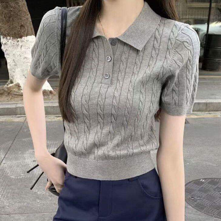 学院风灰色麻花polo领针织短袖女夏季新款修身高级感百搭薄款上衣