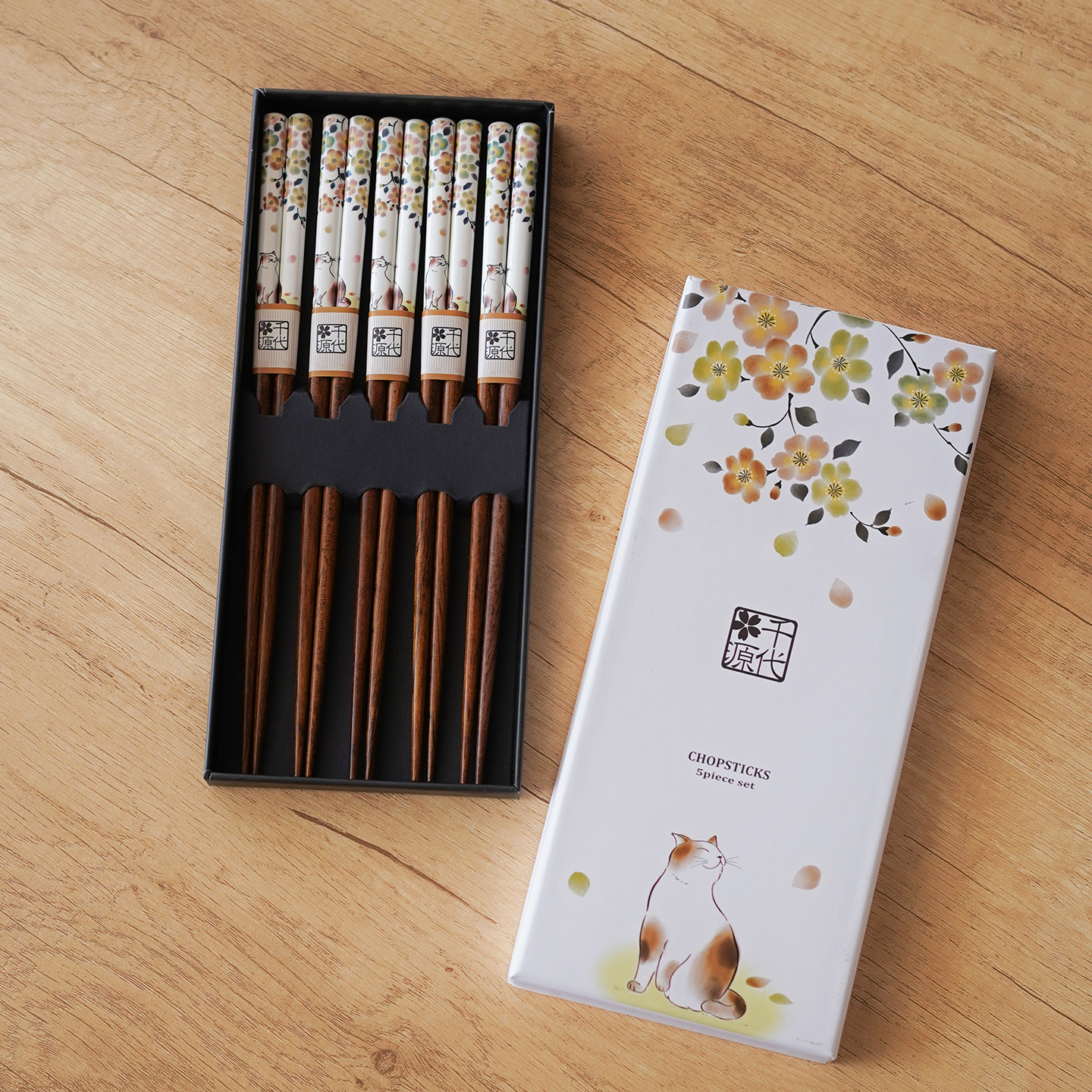 千代源花见猫尖头木筷家用筷子可爱猫咪五双装套筷创意礼盒装套装