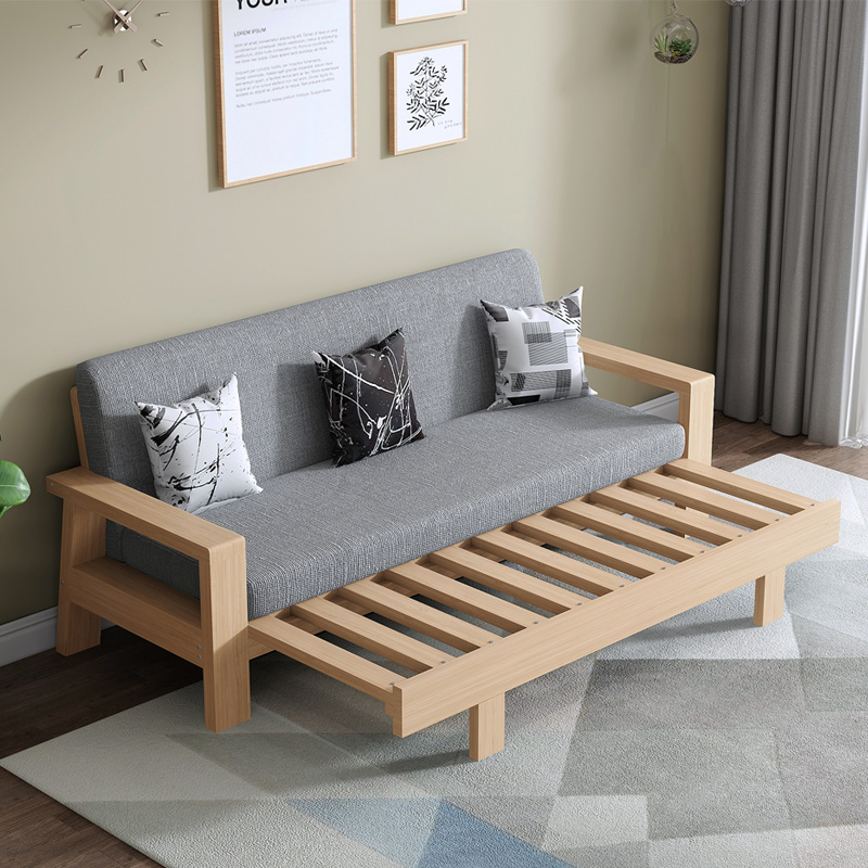 实木沙发b床组合可折叠推拉客厅小户型多功能单人双人三人坐卧两