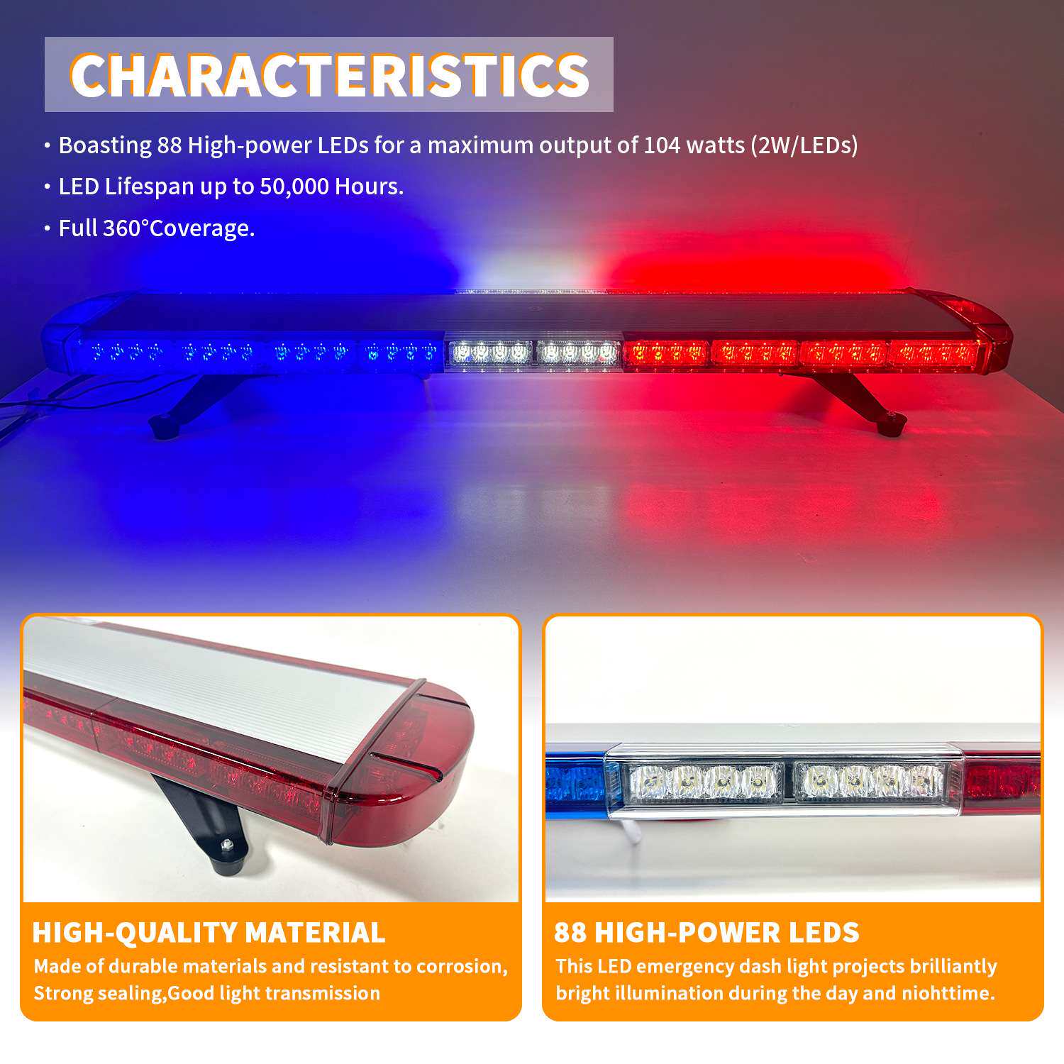 47英寸汽车长排警示灯88LED/COB卡车工程车爆闪灯 1.2M车顶频闪灯