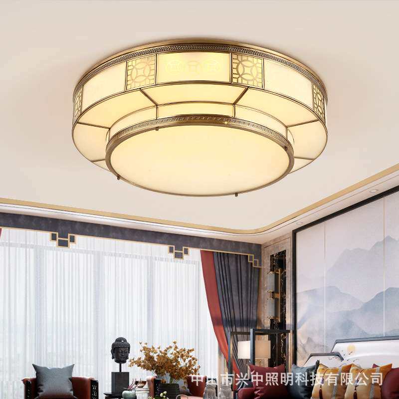 新中式卧室灯圆形温馨led吸顶灯客厅餐厅全铜灯古典艺术房间灯饰