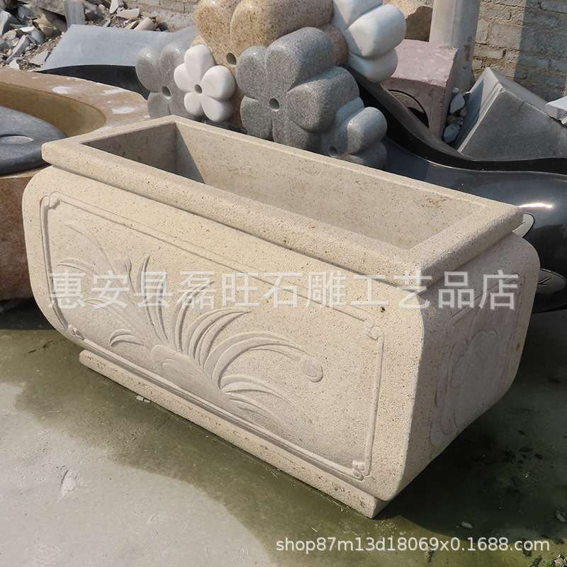 汉白玉雕刻花盆 欧式长方形花钵 中式石花盆 仿古石雕花盆