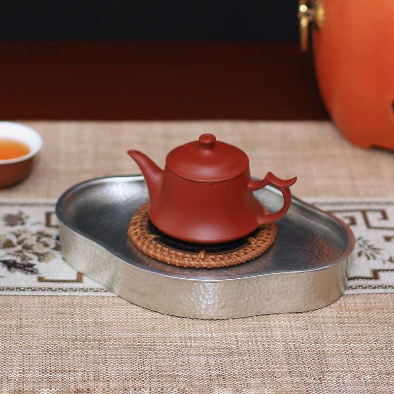 手工锡茶盘圆形壶承茶托干泡台紫砂壶养壶小茶船茶池潮州工夫茶具