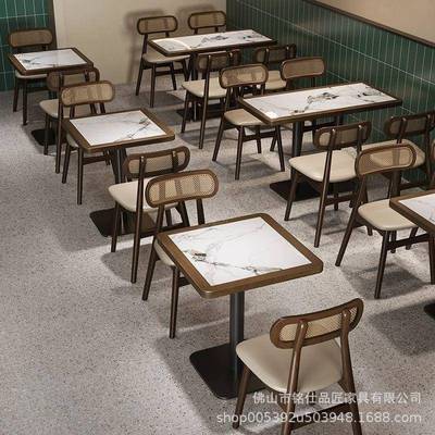 中古风咖啡厅桌椅主题餐厅卡座沙发湘菜馆茶楼饭店简餐店实木桌椅