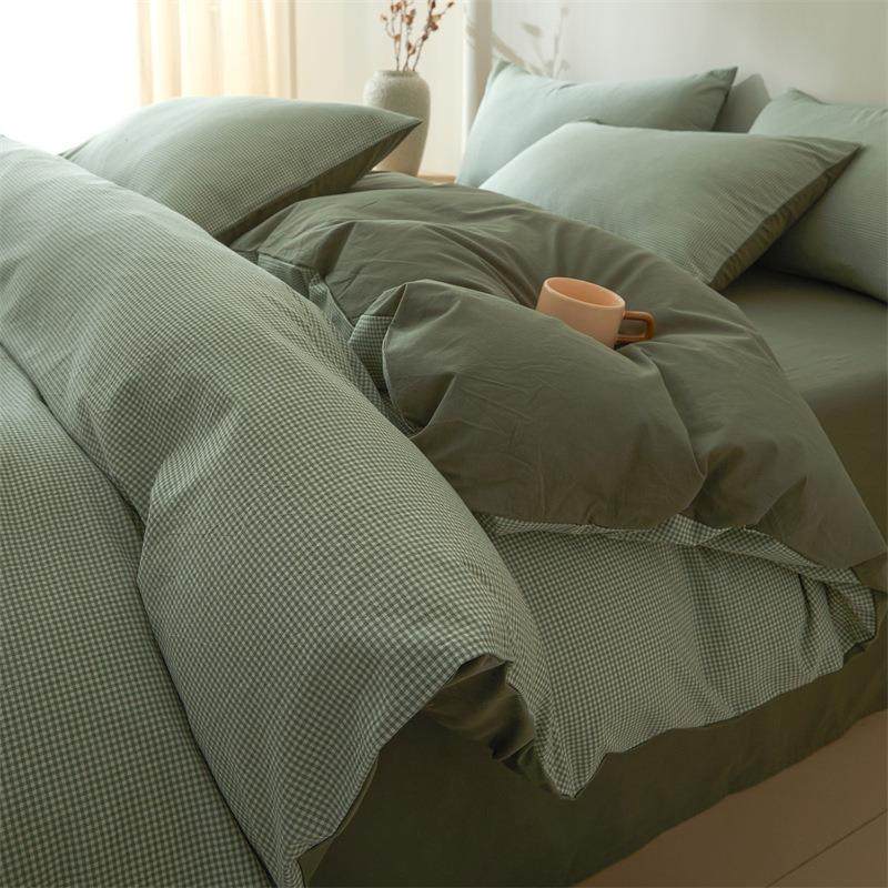 简约格子全棉水洗棉四件套复古纯棉床单被套1.5m1.8床上用品厂