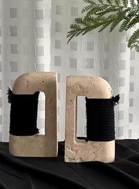 中古大理石黑色捆绳书挡摆件氛围家居装饰品创意摆件家居桌面装饰