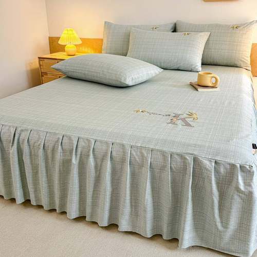 a类纯棉床单透气加厚老粗布床单三件套家用纯色可机洗印花床裙款