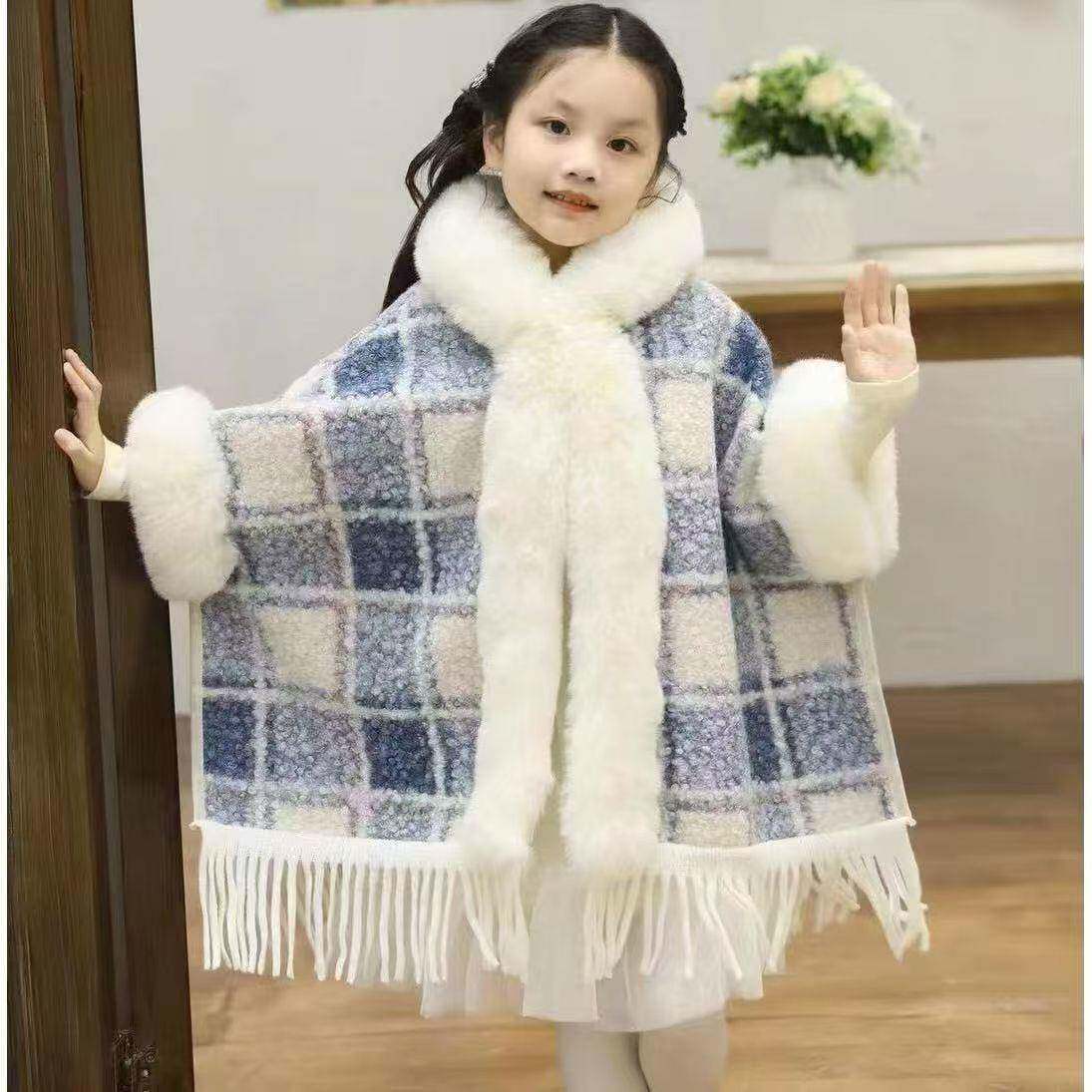 儿童披肩加绒加厚大毛领女童披风斗篷女中国风保暖外套秋冬季防寒