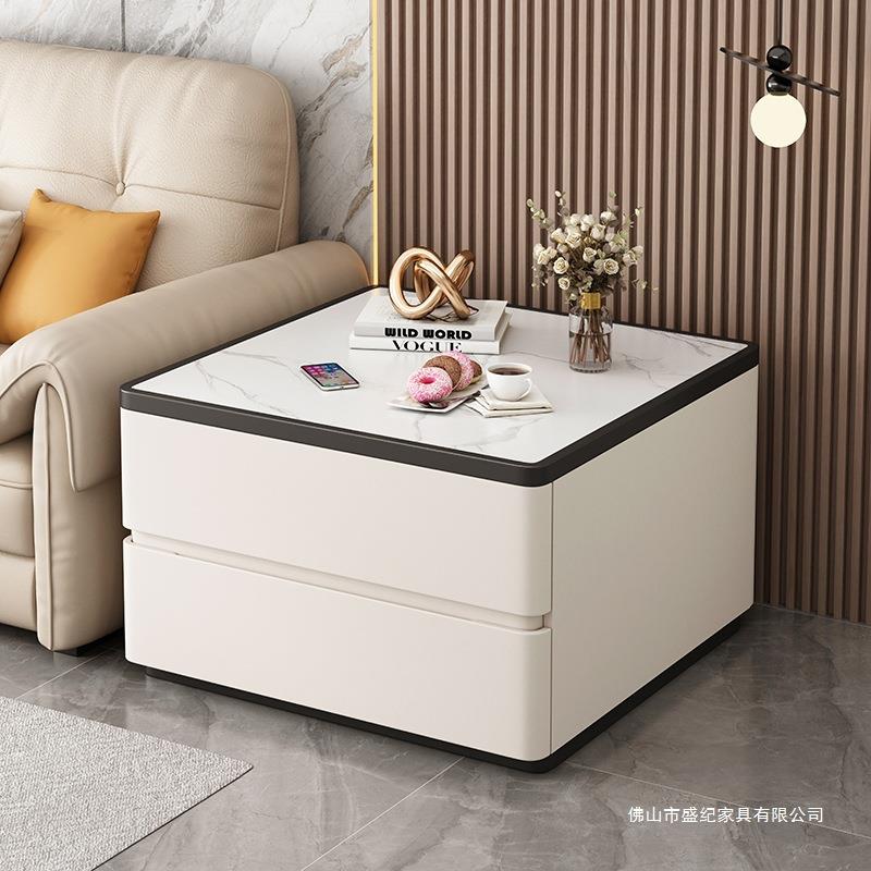 正方形沙发边几轻奢感岩板实木侧边柜客厅方几储物柜茶几边桌