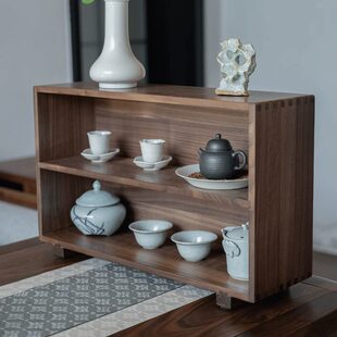 新中式杂物实木茶室黑胡桃木桌面置物架收纳架双层储物架书桌