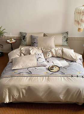 中式100S长绒棉四件套国风竹叶数码印花全棉褶皱边被套床品绿灰色