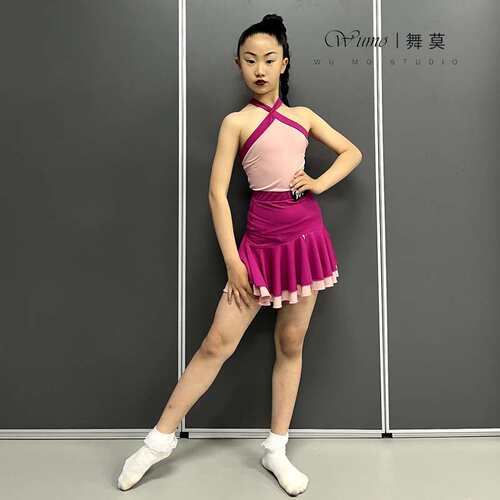 舞莫舞服拉丁舞裙新款吊带女挂脖时髦撞色练功服女童儿童夏季分体