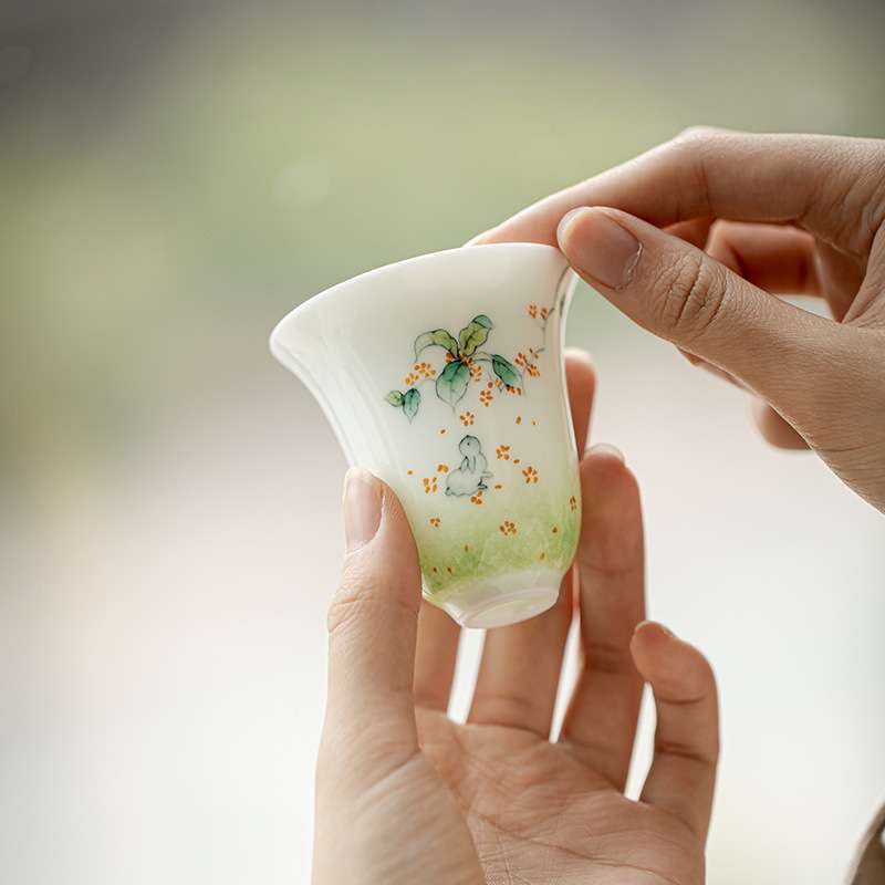 纯手绘玉兔茶杯墨染小苍翠家用文人品茗杯薄胎主人杯聚香杯陶瓷杯