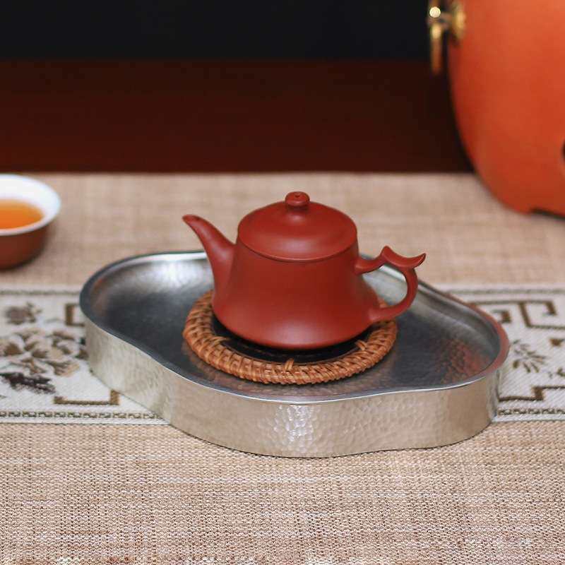 手工锡茶盘圆形壶承茶托干泡台紫砂壶养壶小茶船茶池潮州工夫茶具