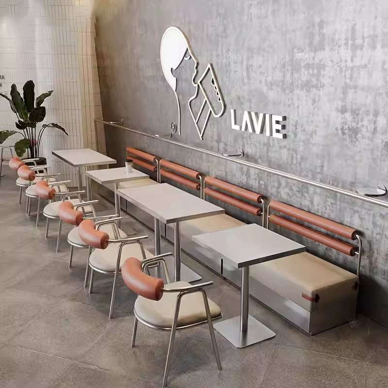 新款靠墙卡座沙发餐厅咖啡奶茶店火锅烧烤店网红工业风不锈钢桌椅