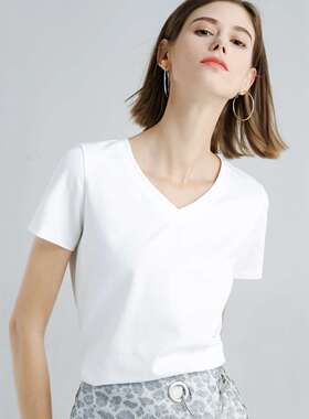 亲肤80支凉感双丝光棉修身纯色简约t恤女1688显瘦短袖 白色T V领T